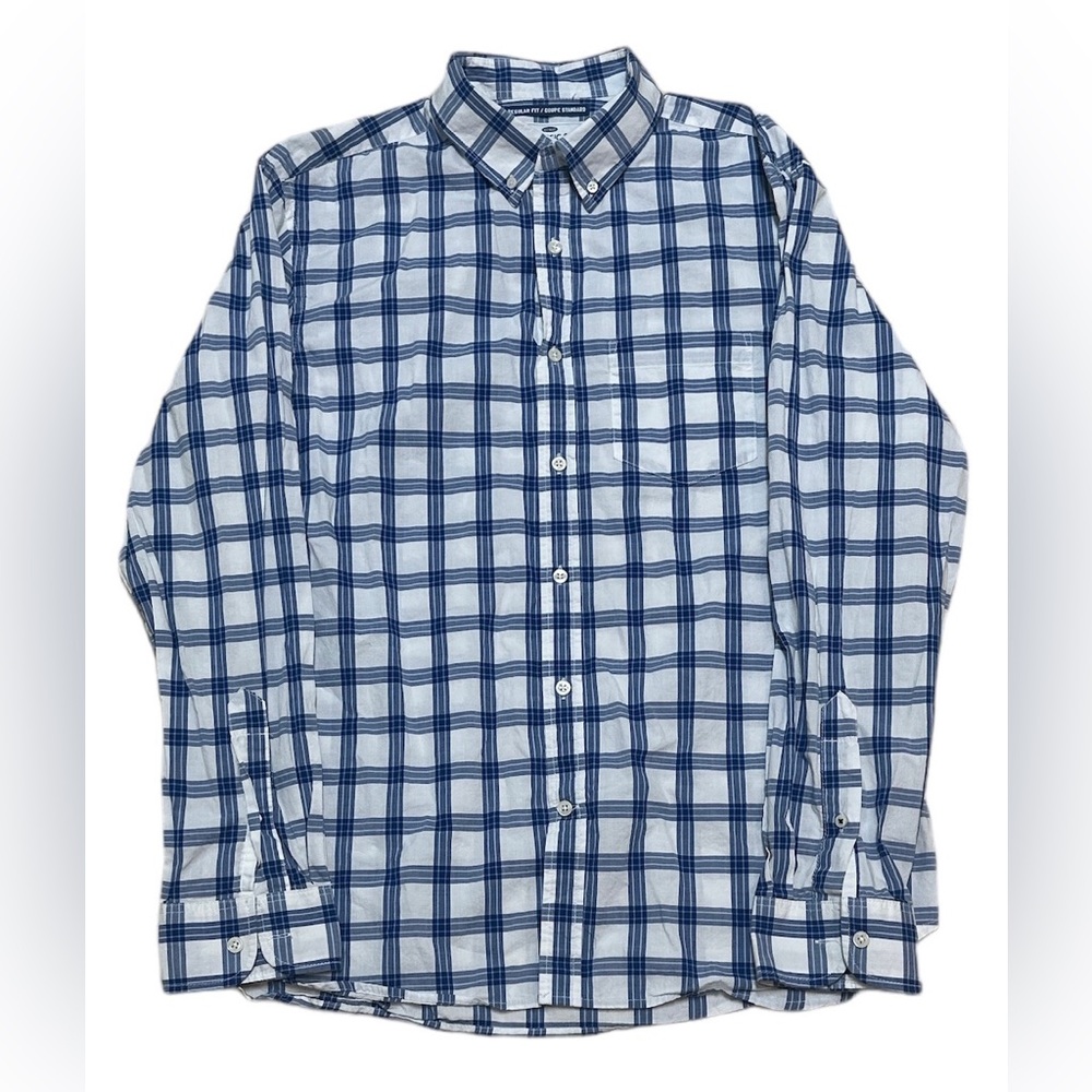 Old Navy Button Down Shirt Men’s L Blue White Plaid Flannel Long Sleeve Preppy